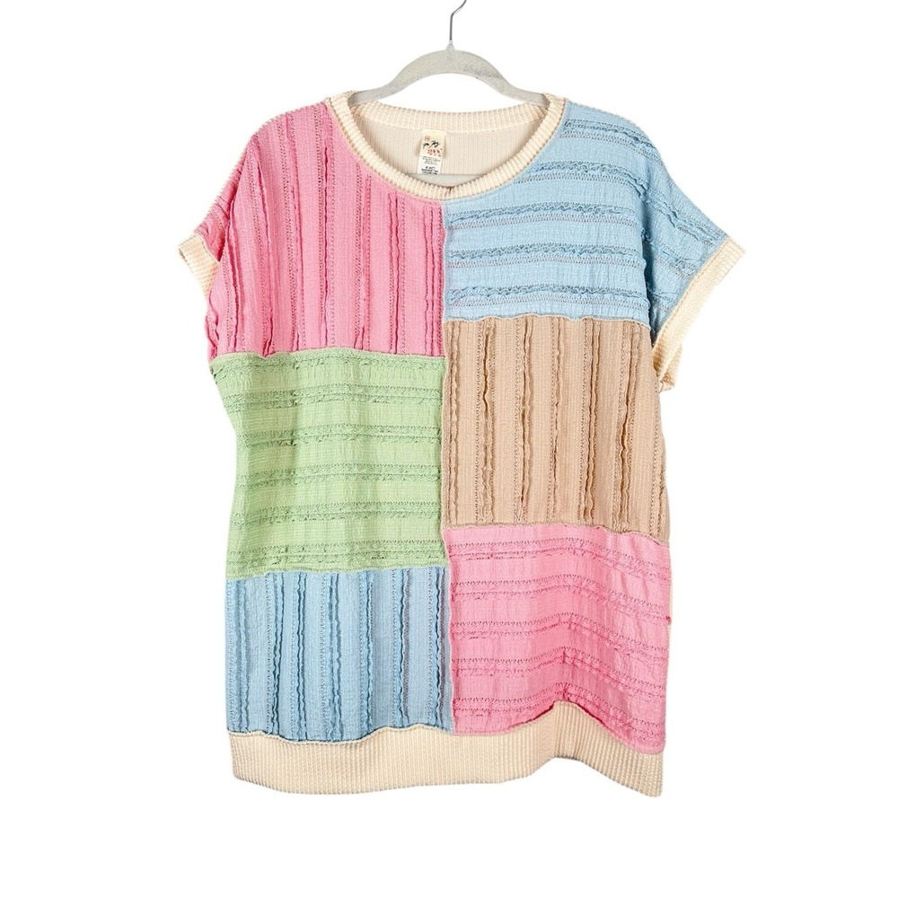 7TH RAY Textured Pastel Color Block Ribbed Pullover Top Women's Size Large Artsy